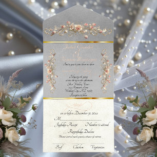 Romantic Rose Arc Borders & Calligraphy - Grey All In One Invitation
