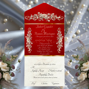 Romantic Rose Arc Borders & Calligraphy - Red All In One Invitation