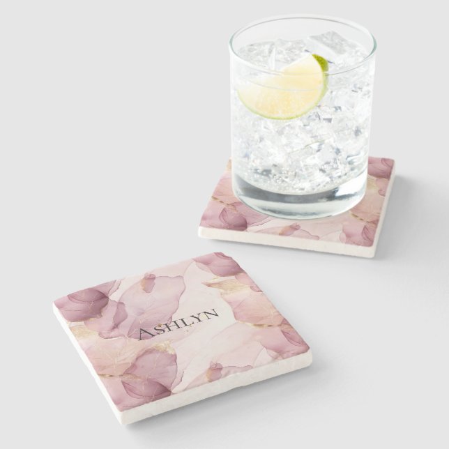 Romantic Rose Blush Pink Gold Leaf Stone Coaster (Side)