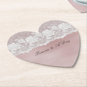 Romantic Rose Blush Pink White Floral Lace Wedding Paper Coaster