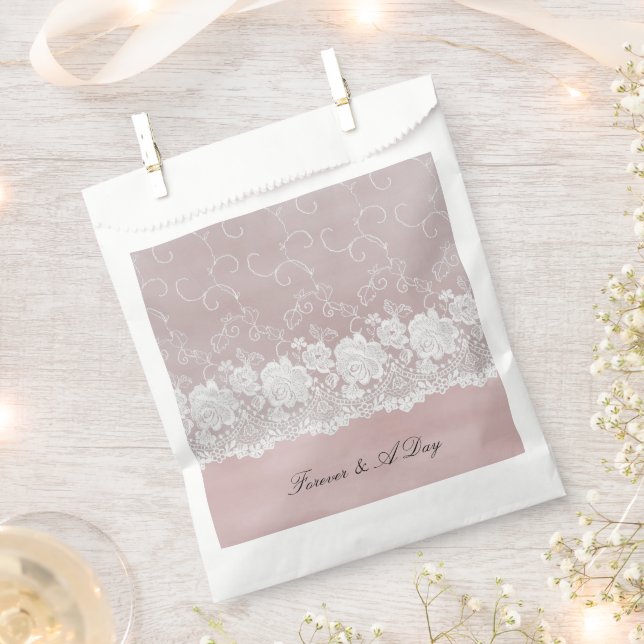 Romantic Rose Blush Pink White Lace Floral Wedding Favour Bag (Clipped)