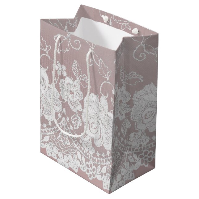 Romantic Rose Blush Pink White Lace Floral Wedding Medium Gift Bag (Front Angled)