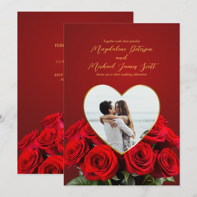 Romantic Rose Bouquet Heart Frame Photo Wedding Invitation (Front/Back)