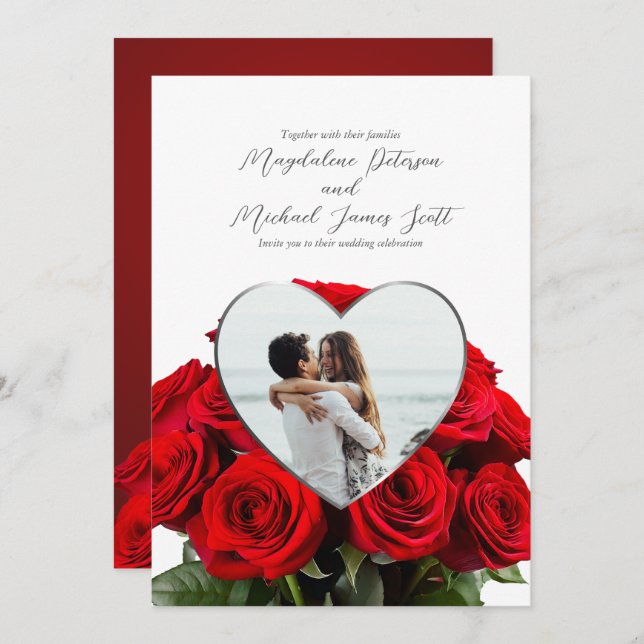 Romantic Rose Bouquet Heart Frame Photo Wedding Invitation (Front/Back)
