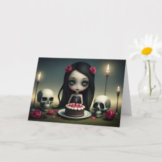 Romantic rose, cake, candle, skull, birthday card 