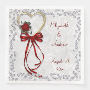 Romantic Rose, Diamonds & Red Ribbon Engagement Napkin