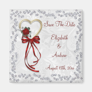 Romantic Rose, Diamonds & Red Ribbon Save The Date Magnet