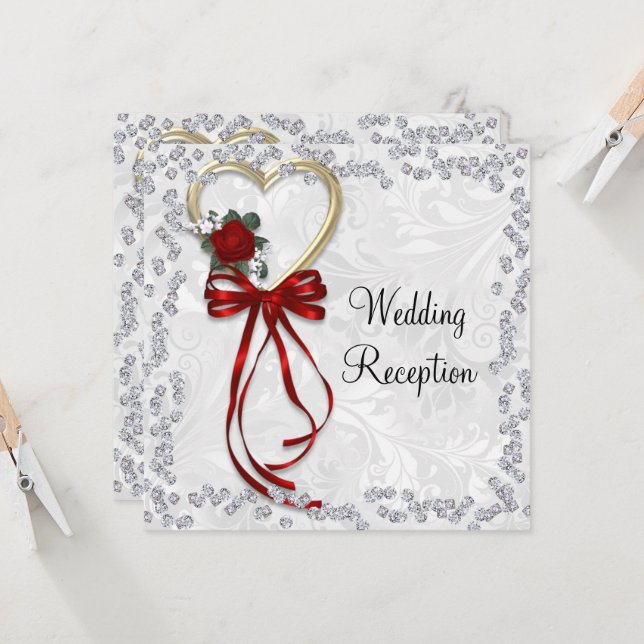 Romantic Rose, Diamonds & Red Ribbon Wedding Invit Invitation (Front/Back In Situ)