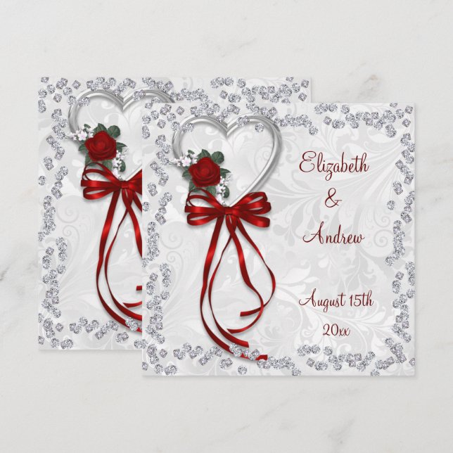 Romantic Rose, Diamonds & Red Ribbon Wedding Invitation (Front/Back)