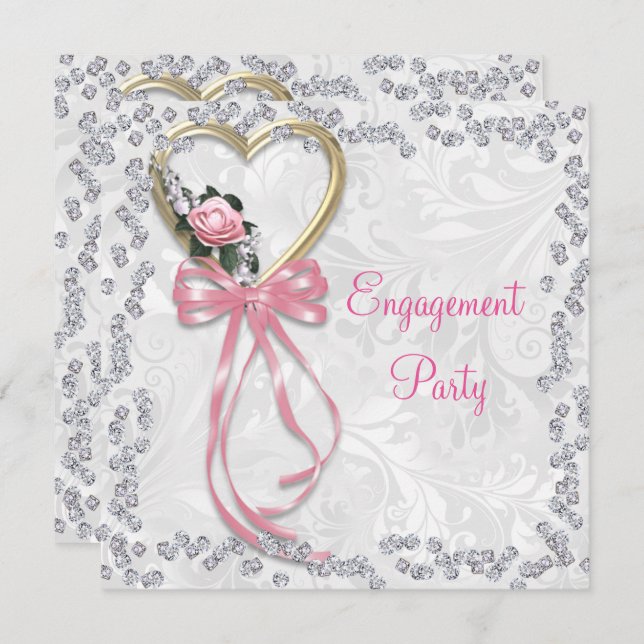 Romantic Rose, Diamonds & Ribbon Engagement Invitation (Front/Back)