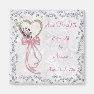 Romantic Rose, Diamonds & Ribbon Save The Date Magnet