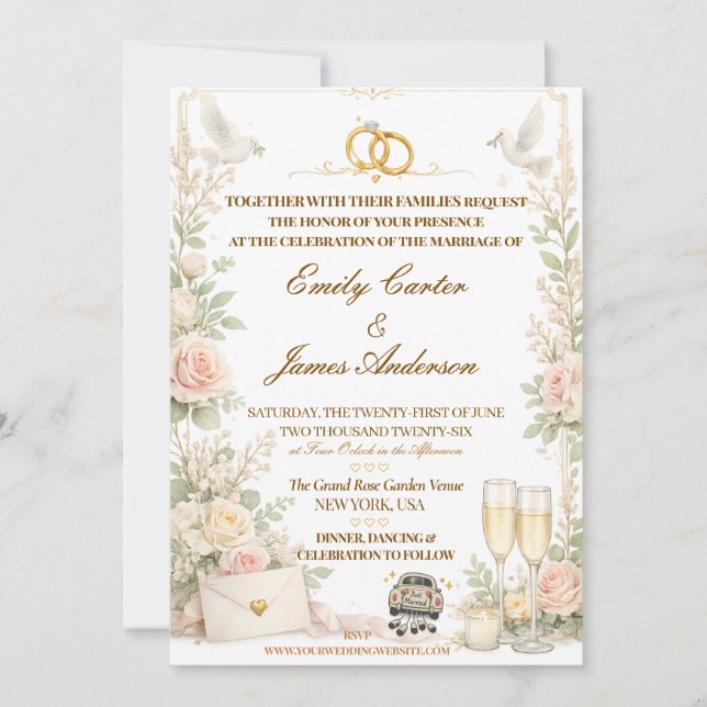 Romantic Rose & Dove Wedding Invite (Front)