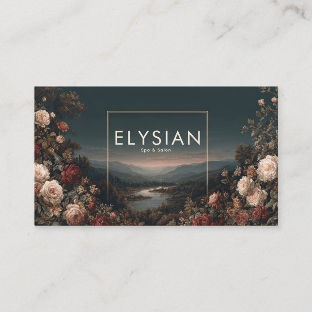 Romantic Rose Floral and Misty Mountain Landscape Business Card (Front)