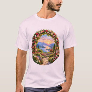 Romantic Rose Garden Arch Mountain Lake Sunrise T-Shirt