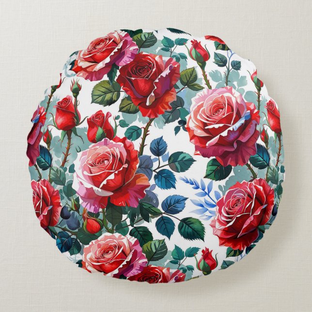 Romantic Rose Garden Print Round Pillow (Front)