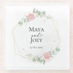 Romantic Rose Geometric Wedding Glass Coaster