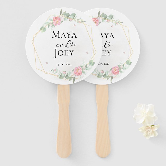 Romantic Rose Geometric Wedding Hand Fan (Front and Back)
