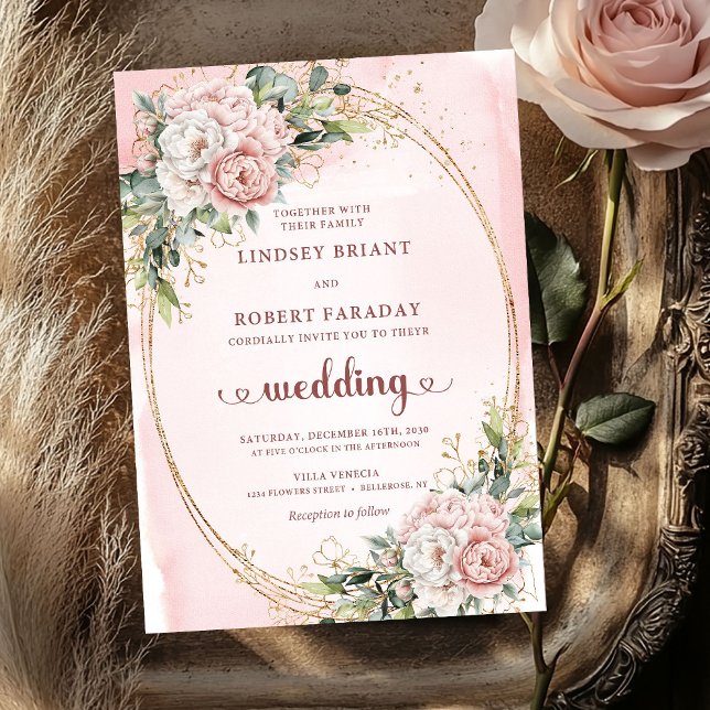 Romantic Rose Gold Blush Floral Greenery Wedding  Invitation (Romantic Rose Gold Blush Floral Greenery Wedding Invitation

)