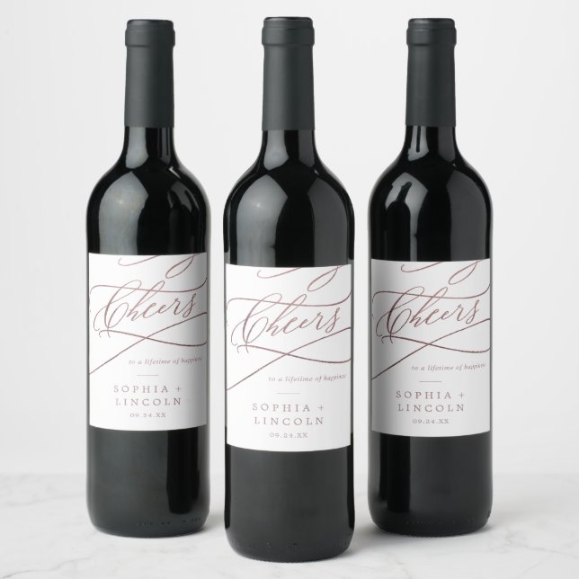 Romantic Rose Gold Calligraphy Cheers Wine Labels (Bottles)