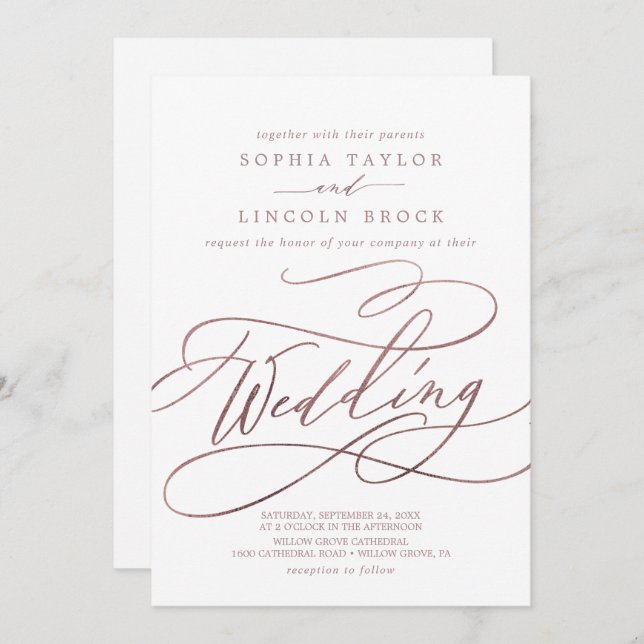 Romantic Rose Gold Calligraphy | Details Wedding Invitation (Front/Back)
