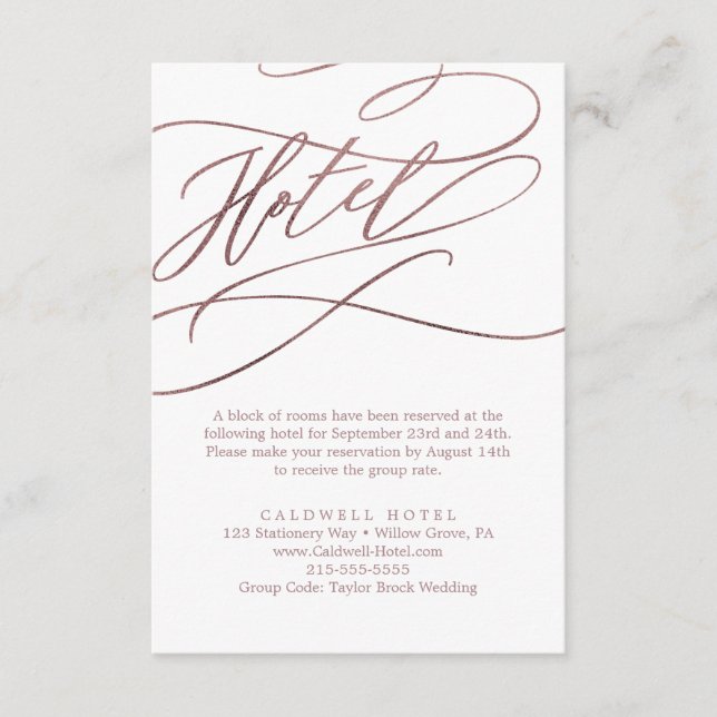 Romantic Rose Gold Calligraphy Hotel Enclosure Card (Front)