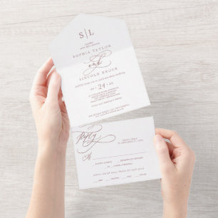 Romantic Rose Gold Calligraphy Monogram Wedding All In One Invitation