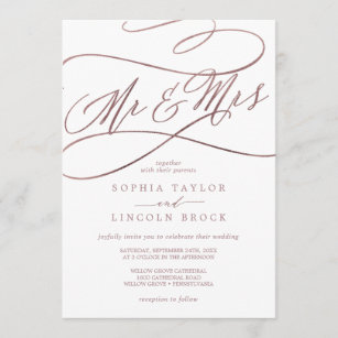 Romantic Rose Gold Calligraphy Mr & Mrs Wedding Invitation
