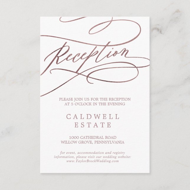 Romantic Rose Gold Calligraphy Reception Enclosure Card (Front)
