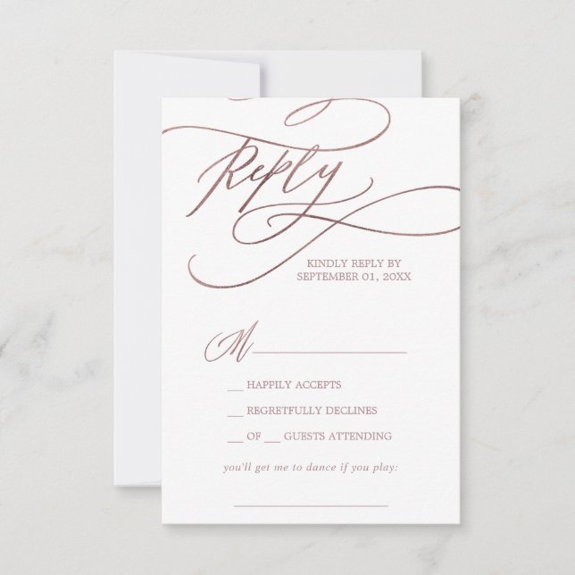Romantic Rose Gold Calligraphy Song Request RSVP Card (Front)