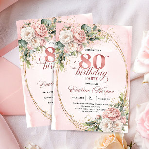 Romantic Rose Gold Floral Greenery 80th Birthday Invitation