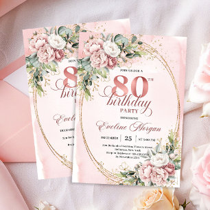 Romantic Rose Gold Floral Greenery 80th Birthday Invitation