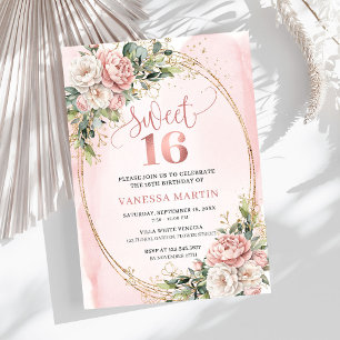 Romantic Rose Gold Floral Greenery Sweet Sixteen  Invitation