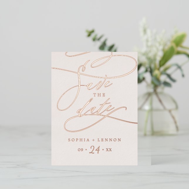 Romantic Rose Gold Foil and Blush Save the Date Foil Invitation Postcard (Standing Front)
