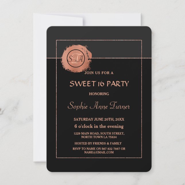 Romantic Rose Gold  Glitter Monogram SWEET 16 Invitation (Front)