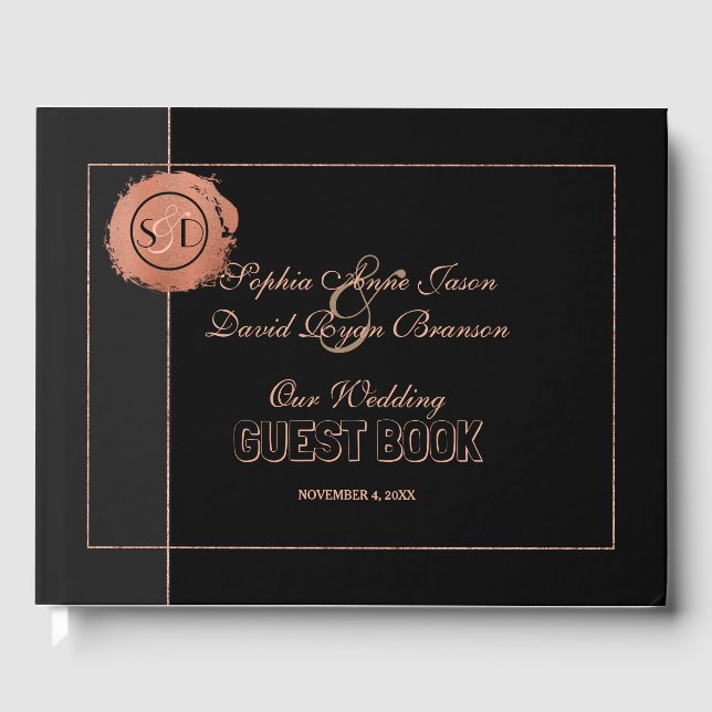 Romantic Rose Gold Glitter Monogram Wedding Guest Book (Front)