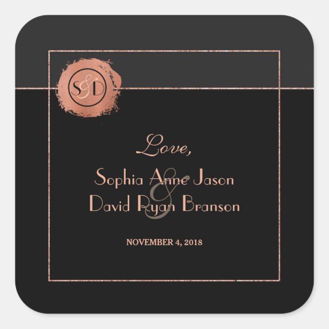 Romantic Rose Gold Glitter Monogram Wedding Square Sticker (Front)