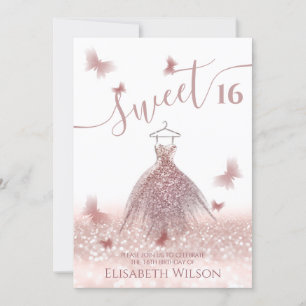 Romantic Rose gold glitter ombre dress butterfly   Invitation