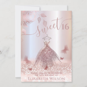 Romantic Rose gold glitter ombre dress butterfly   Invitation