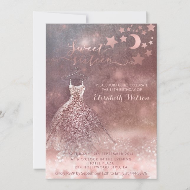 Romantic Rose gold glittery dress celestial Invita Invitation (Front)