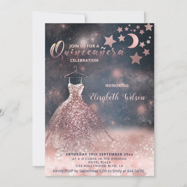 Romantic Rose gold glittery dress celestial Invitation (Front)