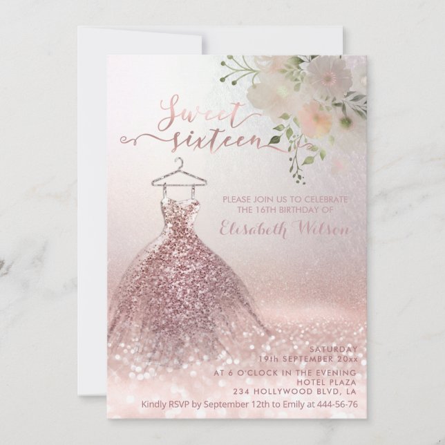 Romantic Rose gold glittery dress floral Invitation (Front)