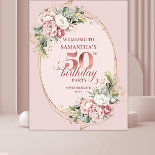 Romantic Rose Gold Greenery 50th Birthday Banner Tapestry