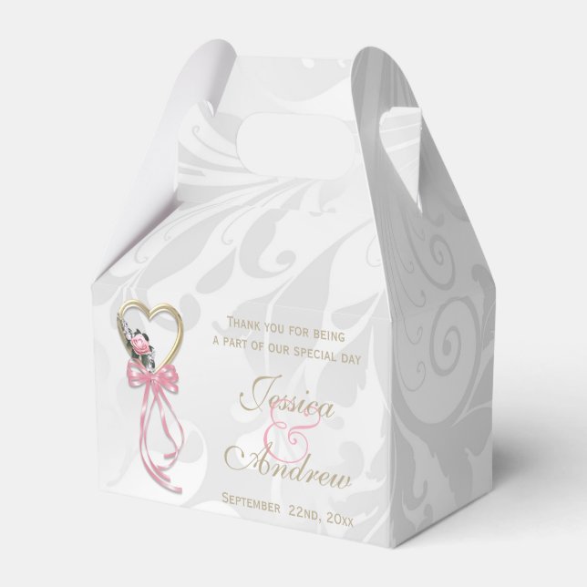Romantic Rose, Gold Heart & Pink Ribbon Favor Box (Front Side)