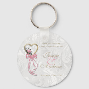 Romantic Rose, Gold Heart & Pink Ribbon Keychain