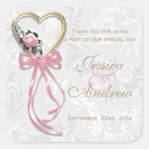 Romantic Rose, Gold Heart & Pink Ribbon Square Sticker