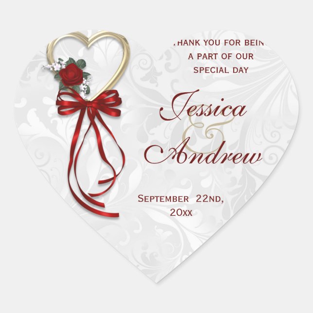 Romantic Rose, Gold Heart & Red Ribbon Heart Sticker (Front)