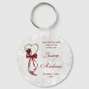 Romantic Rose, Gold Heart & Red Ribbon Keychain