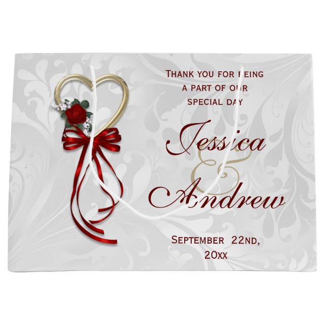 Romantic Rose, Gold Heart & Red Ribbon Large Gift Bag (Front)