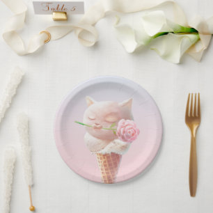 Romantic Rose: Miss Meow Pink Ice Cream Cone Art Paper Plate