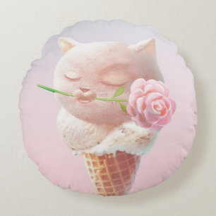 Romantic Rose: Miss Meow Pink Ice Cream Cone Art Round Pillow